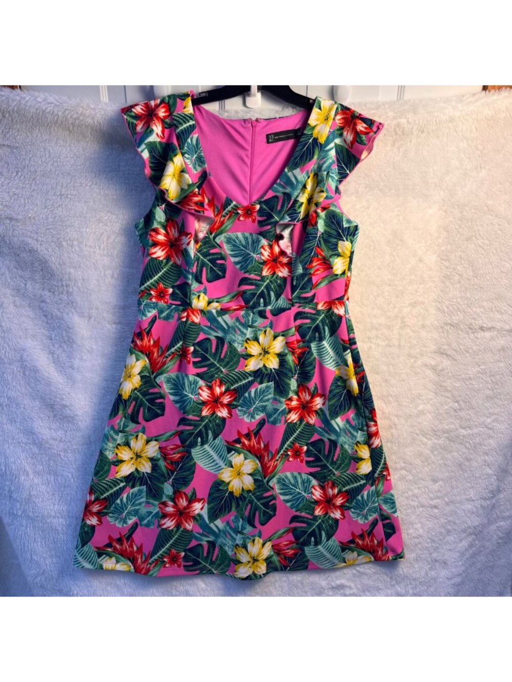 New York & Co XL colorful floral tropical fit & flare knee length dress ruffled